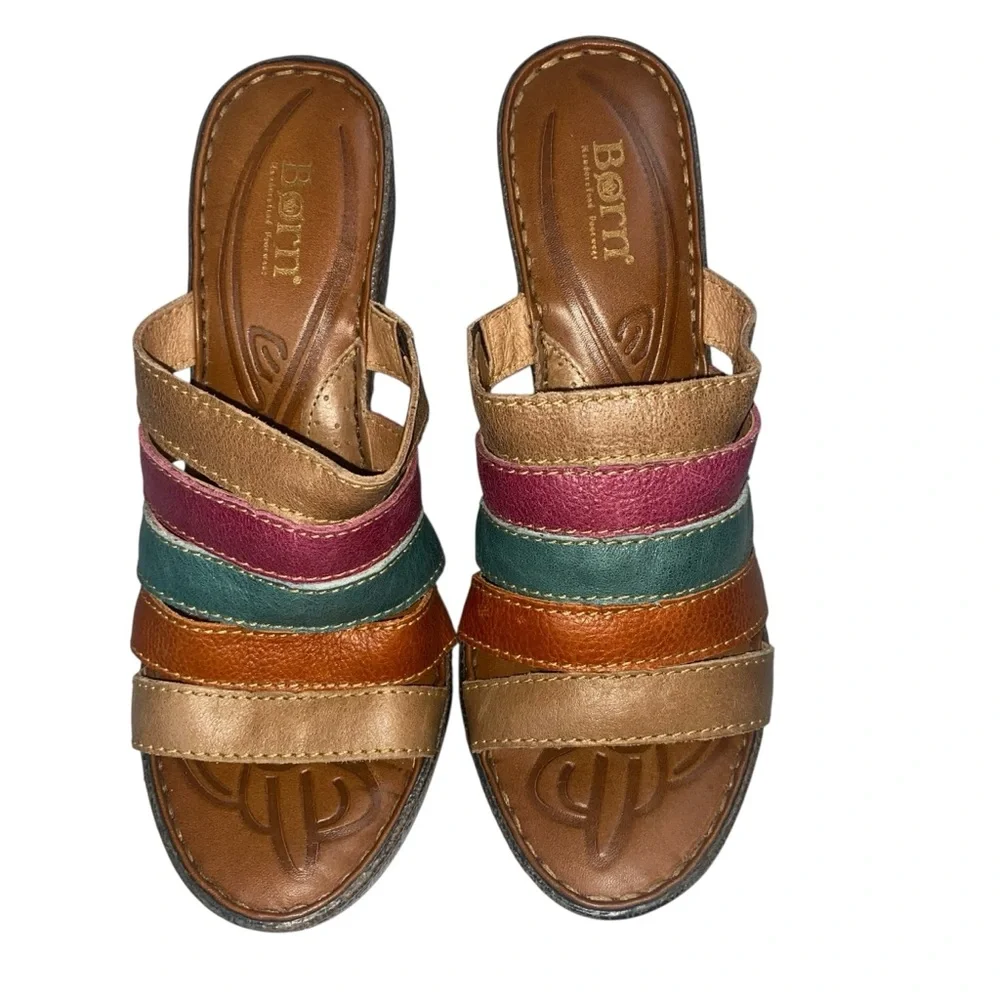 Born Lumi Multicolor Strappy Wedge Sandals Leather Size 9 Boho Colorful Bold NEW
